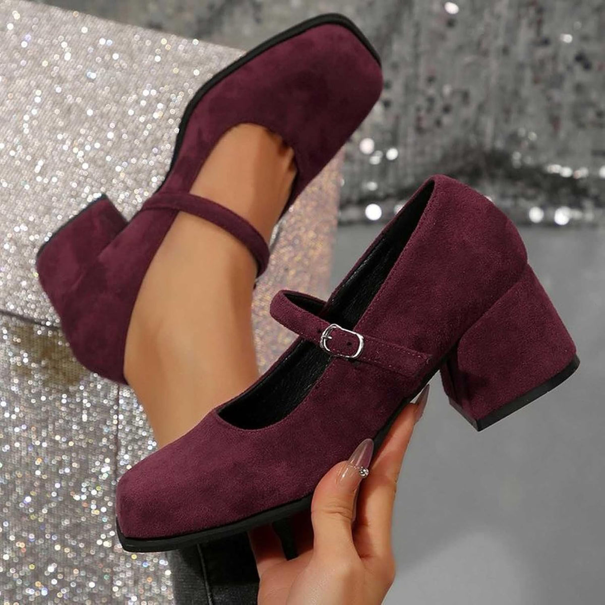 Women's Suede Block-Heel Pumps with Adjustable Buckle Strap | Thomler