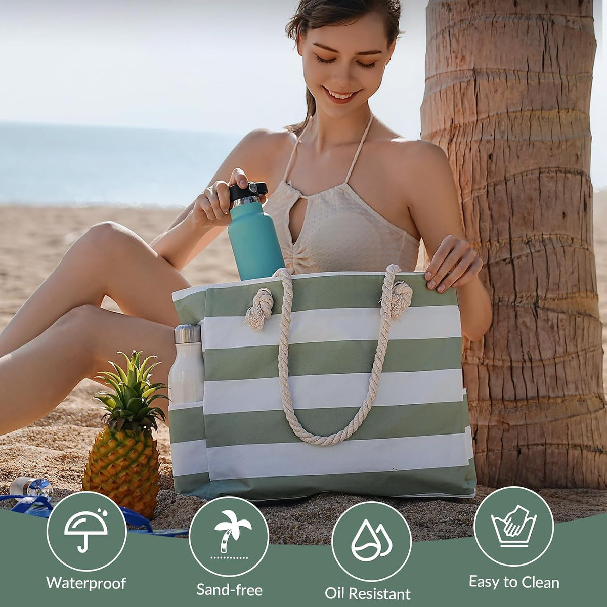 Oversized Zippered Tote with Sand-Resistant Lining for Pool Days & Travel | Water-Resistant Canvas Carryall | Thomler