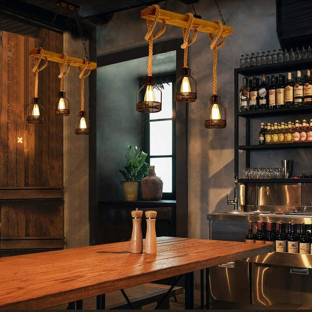 Metal Cage Pendant Light with Rope Accents – Adjustable Industrial Chandelier for Kitchen Island, Dining Room & Bar – E27 Socket | Thomler
