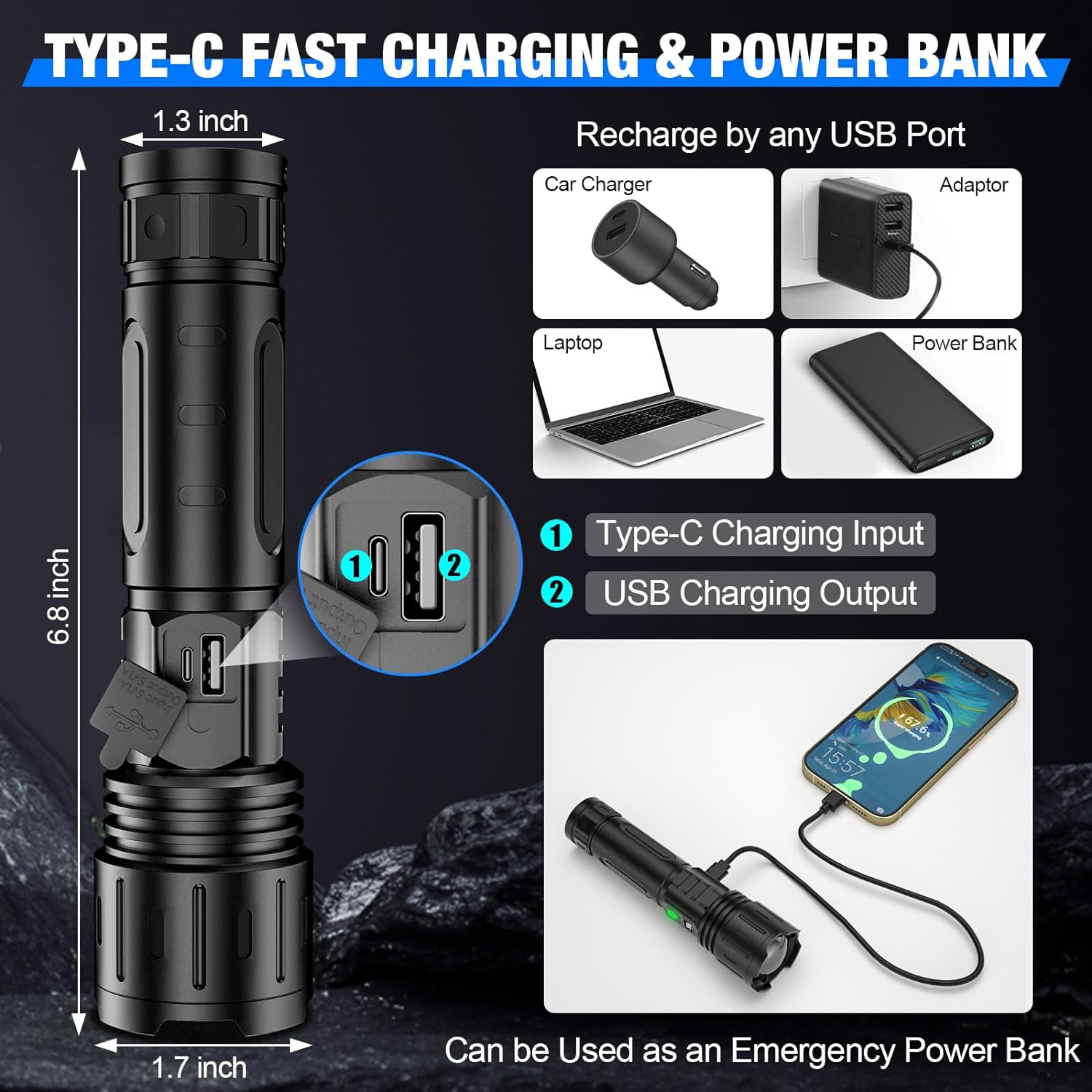 Rechargeable LED Tactical Flashlight 100000 Lumens 3280ft Beam USB-C Powerbank Zoomable 5 Modes IPX5 for Camping Outdoor Emergency | Thomler