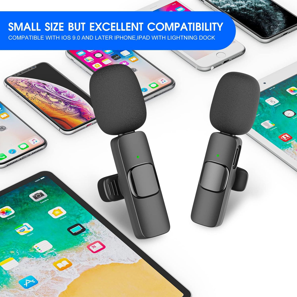 Dual Clip-On Lavalier Mic Set – 2.4GHz Wireless Audio System, 65 ft Range, 8-Hour Battery, Lightning Receiver for iOS Devices, Podcasting | Thomler