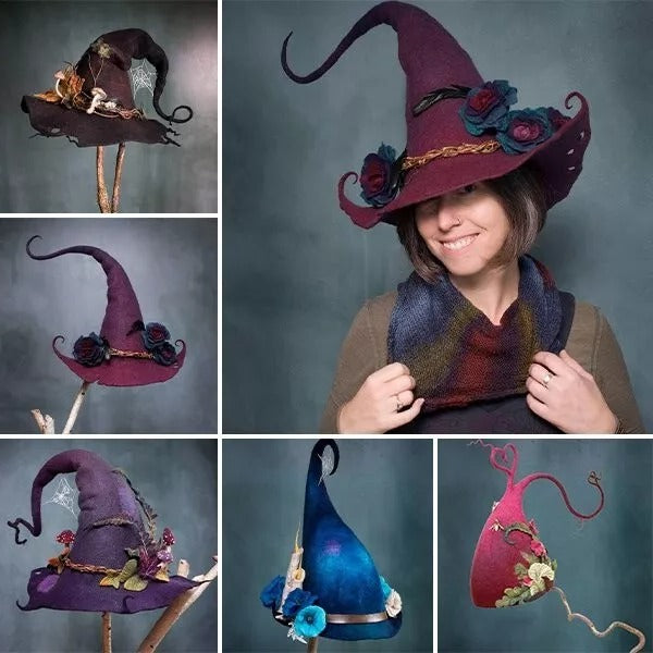 Handcrafted Merino Wool Witch Hat for Halloween Costume Party | Soft Felt Pointed Hat for Adults | Adjustable Nuno Felt Design | Thomler