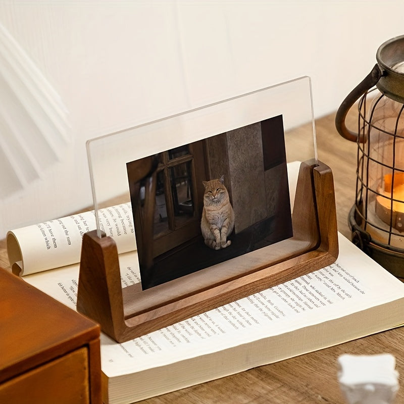 Clear Acrylic Photo Display Stand with Wood Base – Portrait or Landscape Picture Holder for Desk, Shelf, Bedroom Decor | Thomler