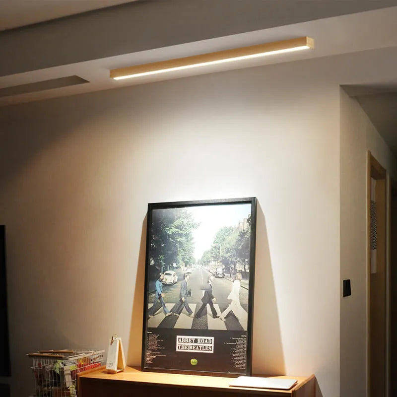 Elongated Flush Mount LED Fixture with Natural Timber Frame for Hallways & Bedrooms | Thomler
