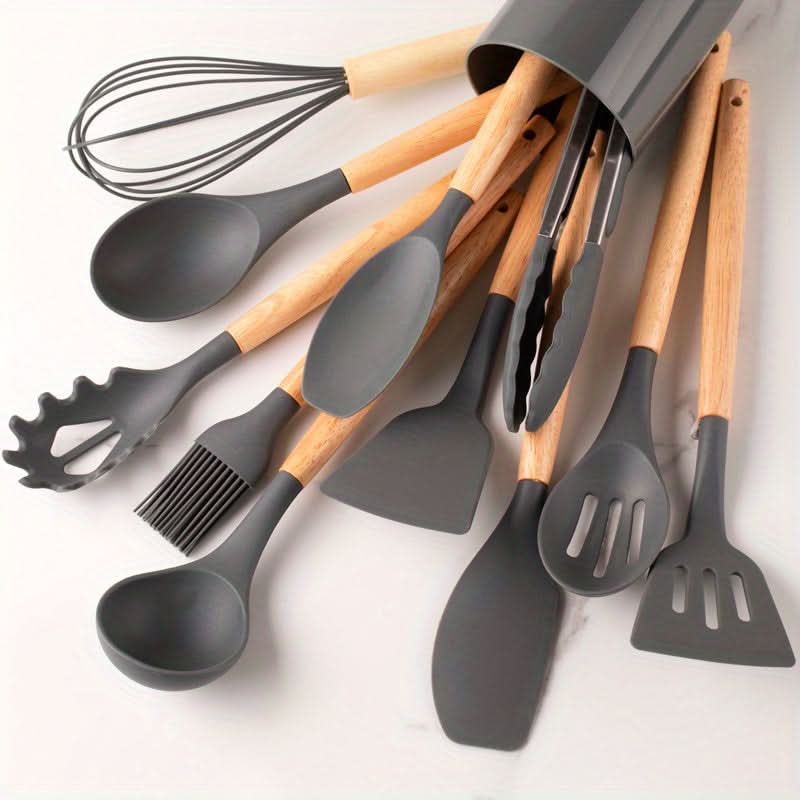 12-Piece Silicone Kitchen Utensil Set with Wooden Handles – Heat Resistant to 446°F, Dishwasher Safe, BPA-Free Cooking Tools | Thomler
