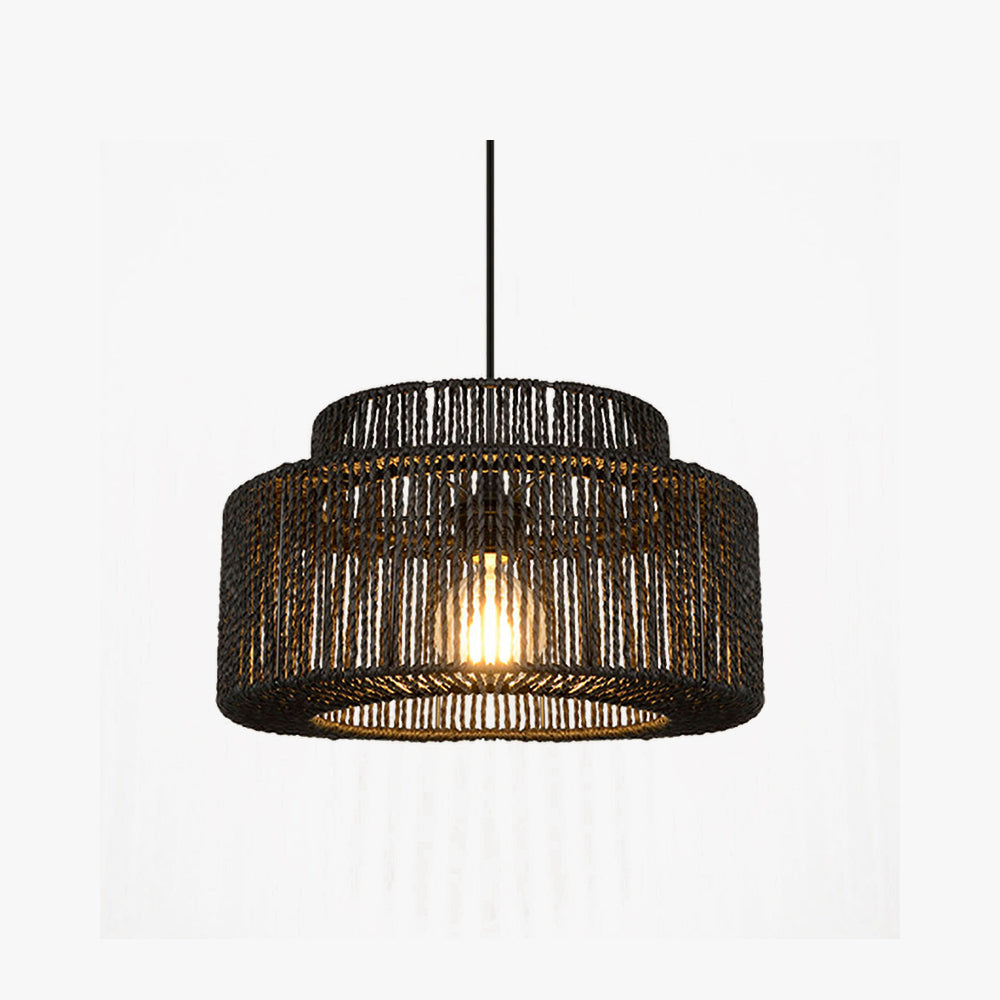 Woven Rattan Drum Ceiling Fixture – Hardwired Downlight for Dining Room & Living Room – Black Metal Farmhouse Hanging Light | Thomler