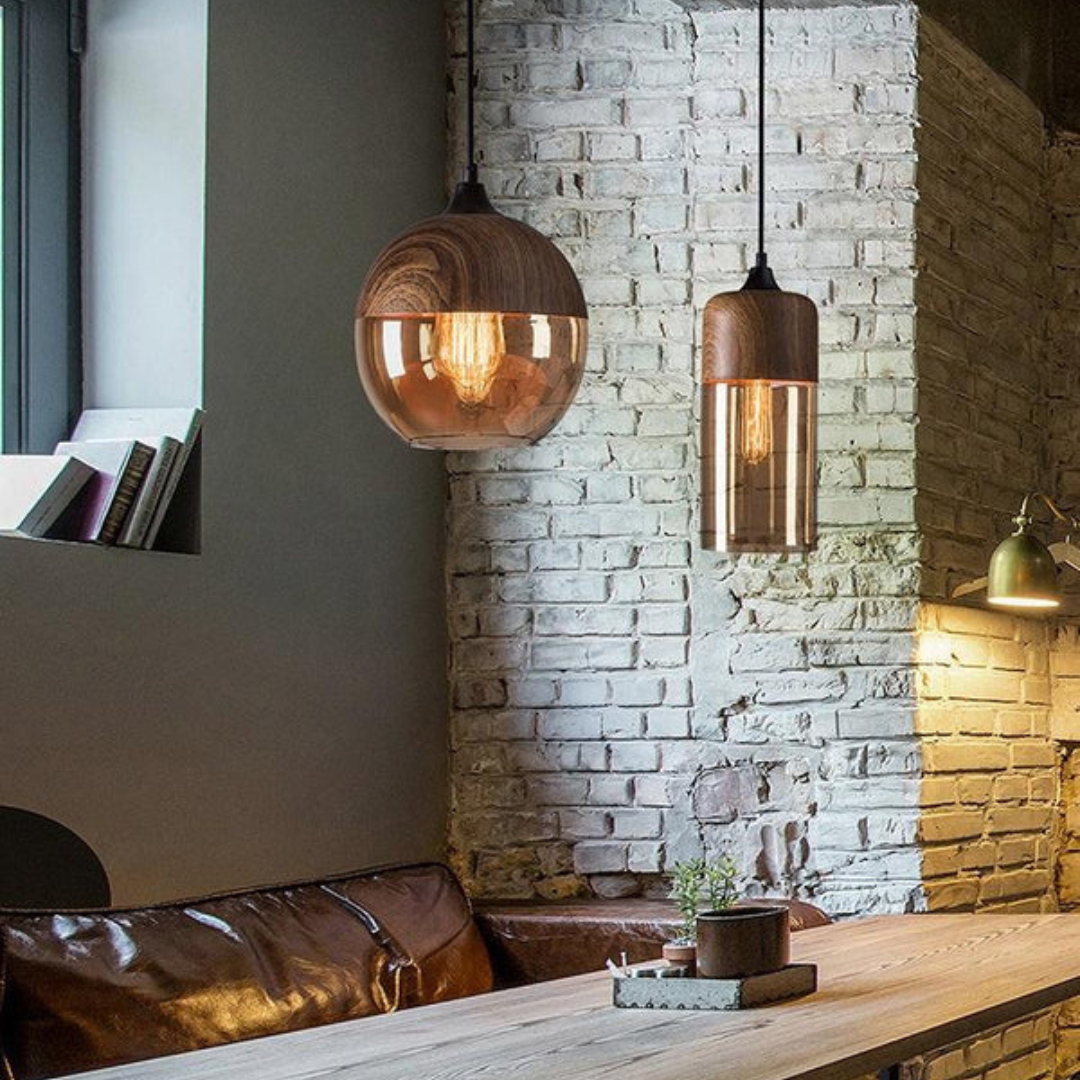 Glass Pendant Light with Wood-Look Metal – Scandinavian Hanging Fixture for Dining Room, Bedroom & Living Room | Thomler