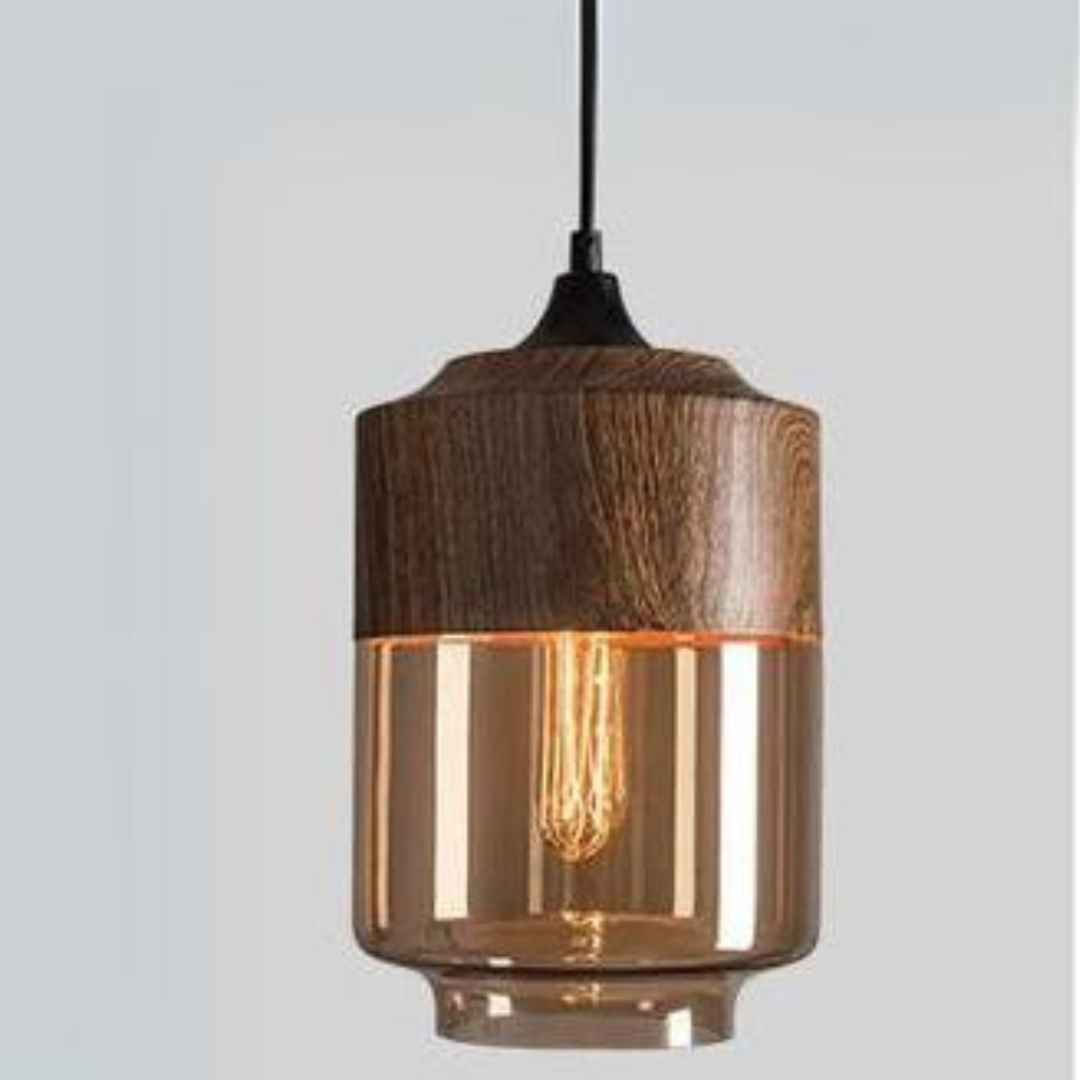 Glass Pendant Light with Wood-Look Metal – Scandinavian Hanging Fixture for Dining Room, Bedroom & Living Room | Thomler