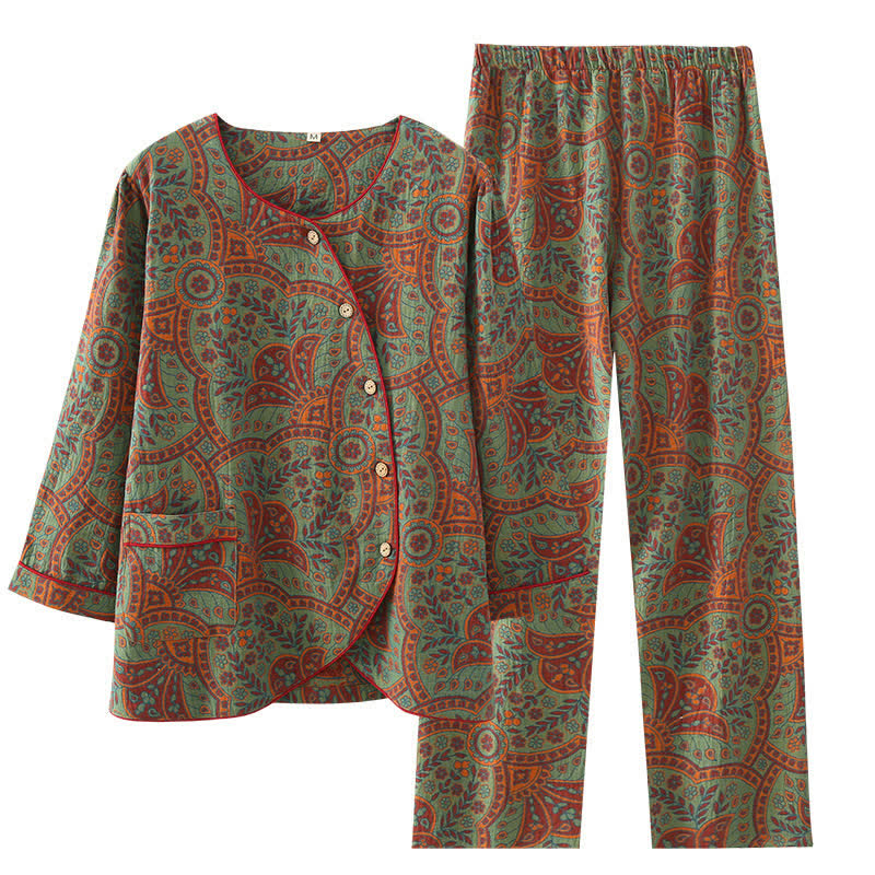 Women's Cotton Pajama Set Round Neck Vintage Jacquard Long Sleeve Loungewear Sleepwear with Side Buttons for Spring Summer Fall | Thomler