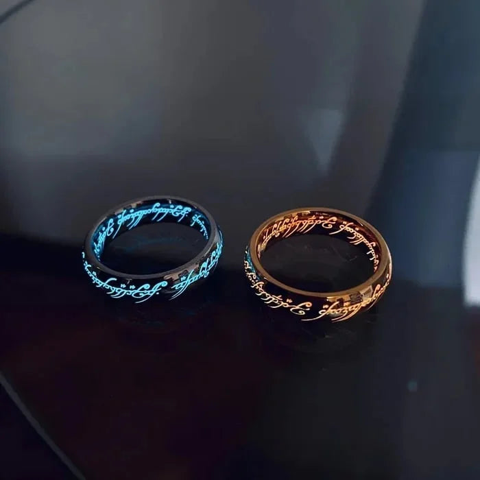 Glow-in-the-Dark Ring with Elvish Script Engraving – Self-Charging Luminous Fantasy Band for Men & Women | Thomler