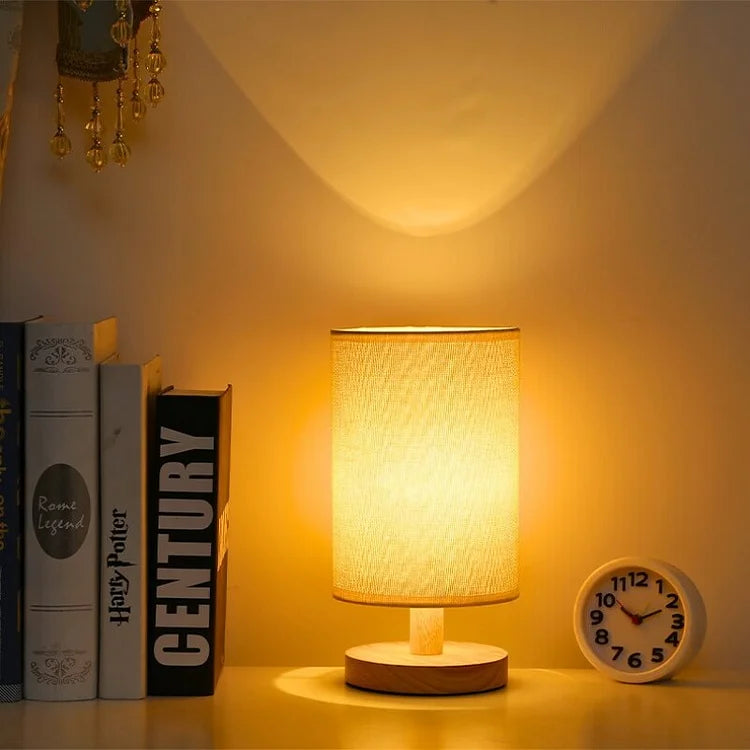 Natural Wood & Linen Table Lamp with Remote Control – Dimmable LED Touch Lamp for Bedroom, Nightstand, Desk – Minimalist Scandinavian | Thomler