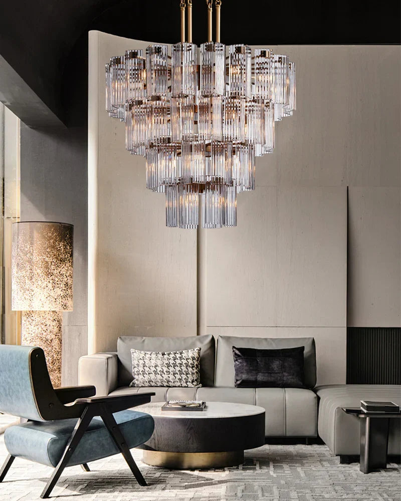 Circular Glass Panel Statement Chandelier 38-60 Inch Multi-Light Fixture for Dining Room Foyer High Ceiling Steel Frame Hanging Light | Thomler