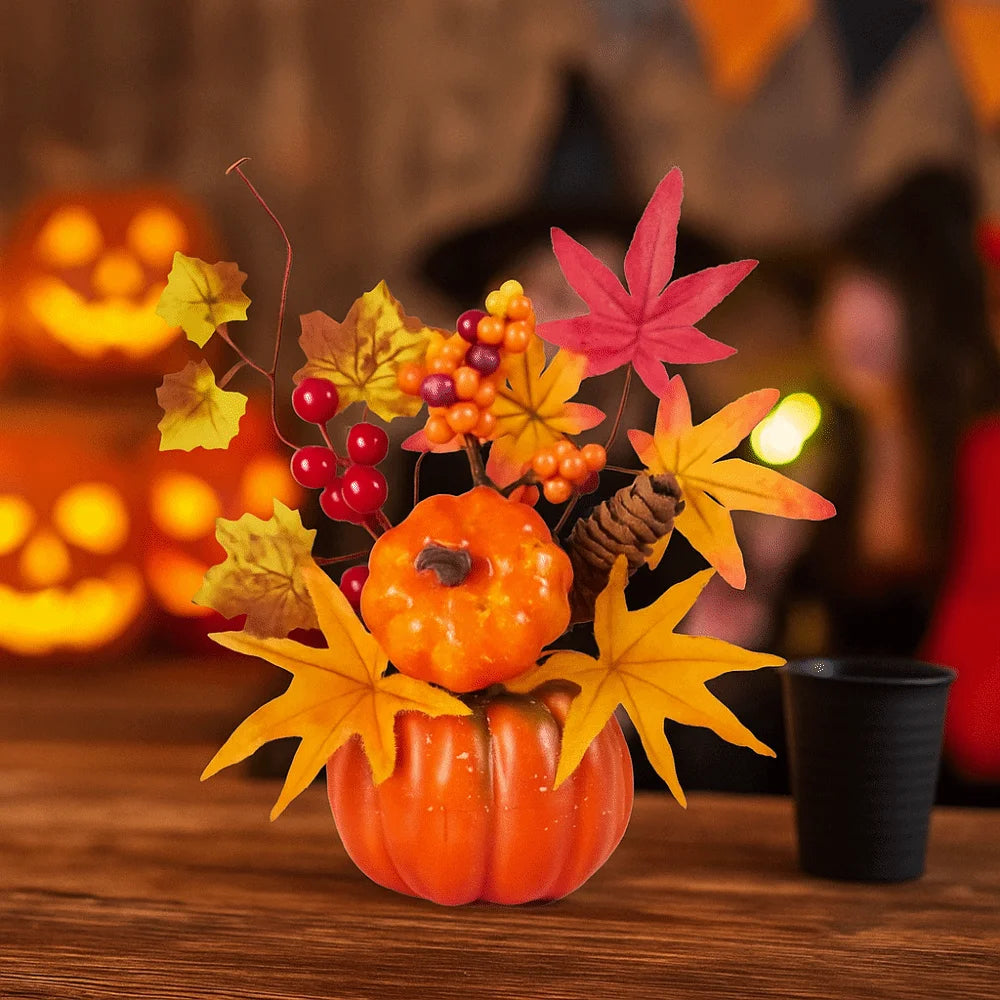 Harvest Scene Tabletop Centerpiece with Gourds and Fall Foliage – Handcrafted Artificial Thanksgiving Display for Living Room and Dining | Thomler