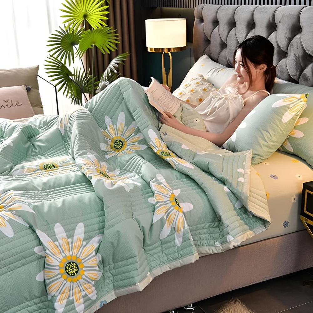 Reversible Floral Print Throw Blanket Soft Sherpa Fleece All-Season Bed Couch Cover Daisy Pattern Green Yellow | Thomler