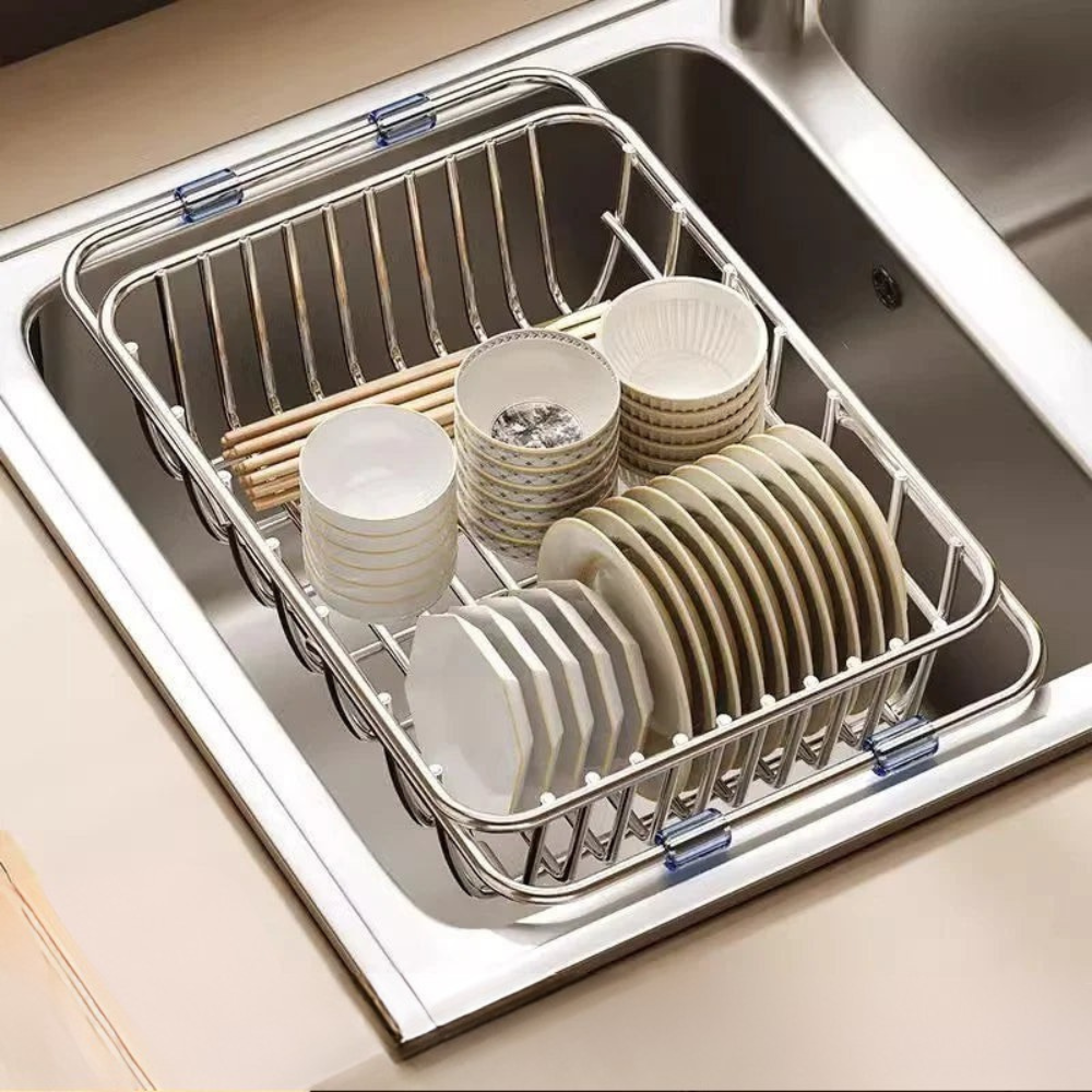 Expandable Over-Sink Dish Rack – Adjustable Width Steel Storage Organizer for Countertops & Kitchens | Thomler