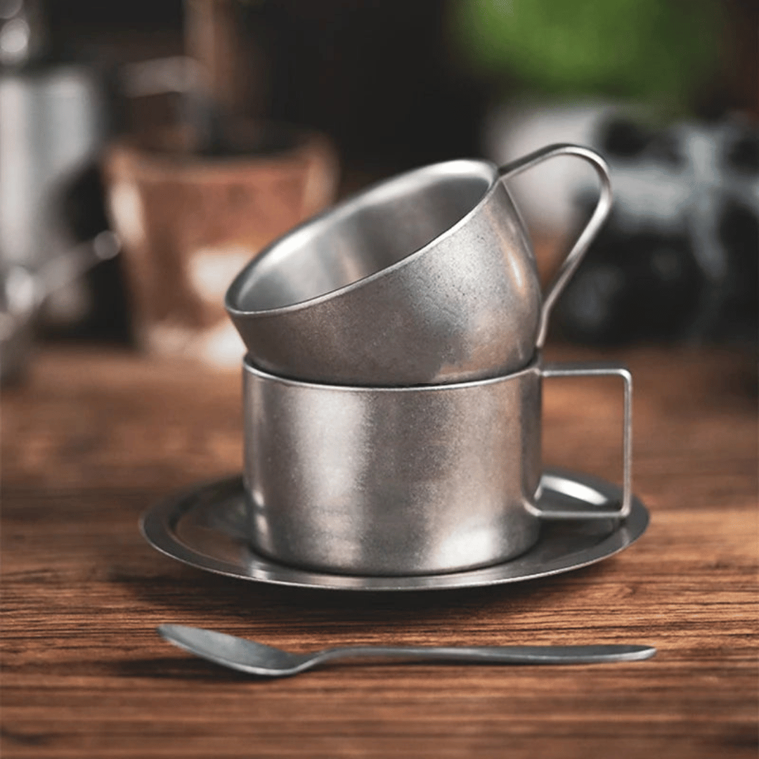 Stainless Steel Double-Wall Coffee Mug with Saucer & Spoon – Insulated Metal Espresso Cup for Hot Drinks, Kitchen Drinkware Set | Thomler