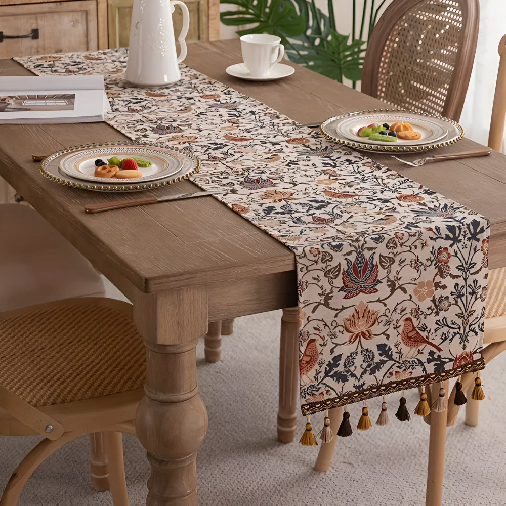 Woven Jacquard Table Runner with Tassels - Floral Bird Pattern for Dining & Coffee Tables - Vintage Countryside Design - Tassel Trim | Thomler