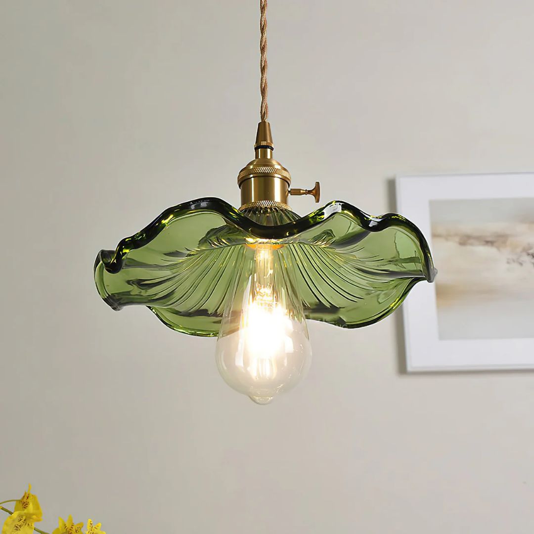 Pendant Light Glass Brass Flower Shade 23.0 cm Green Dining Room Bedroom Hanging Ceiling Lamp Retro Vintage Decorative | Thomler
