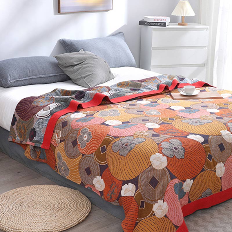 Reversible Cotton Gauze Quilt with Persimmon Pattern - Lightweight Summer Blanket for Bed, Sofa & Travel - Queen, King & Full Sizes | Thomler