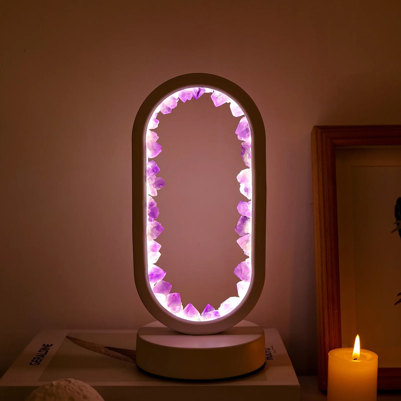 Table Lamp Natural Amethyst Crystal 20.0 cm Purple Bedroom Meditation Ambient Lighting Handmade Decorative Nightstand Light | Thomler