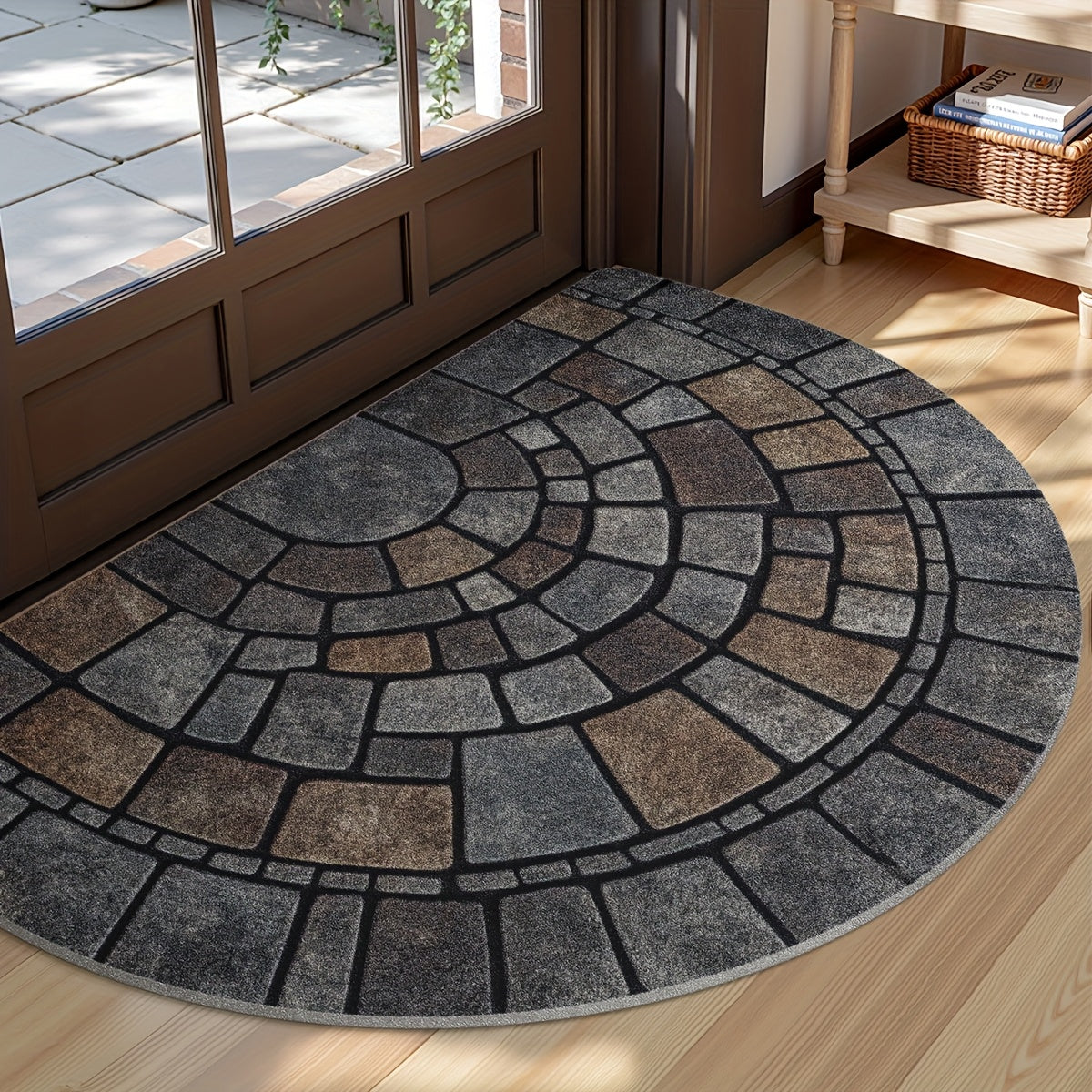 Semicircular Entryway Mat with Cobblestone Pattern for Indoor Outdoor Front Door Patio Garden Non-Slip Polyester Rug | Thomler