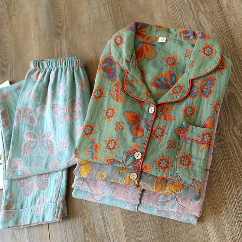 Women's Vintage Butterfly Print Cotton Pajama Set Short Sleeve Two Piece Sleepwear for Spring Summer Loungewear | Thomler
