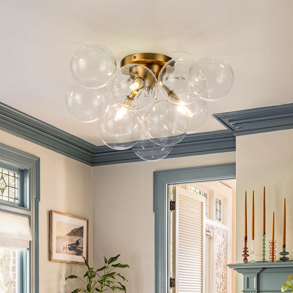 Clear Glass Globe Semi-Flush Ceiling Light, 3-Bulb Brushed Metal Cluster Fixture for Dining Room, Bedroom, Entryway, Bathroom | Thomler