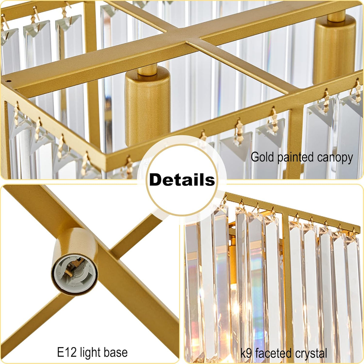 Rectangular Hanging Chandelier with Glass Gem Details for Dining Room & Island | Thomler