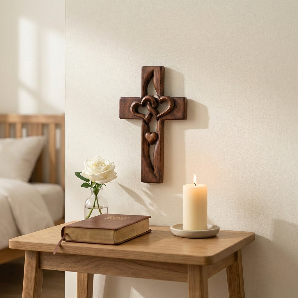 Wooden Cross Wall Art with Dual Hearts for Living Room Bedroom Entryway Faith Decor Handcrafted Religious Symbol | Thomler