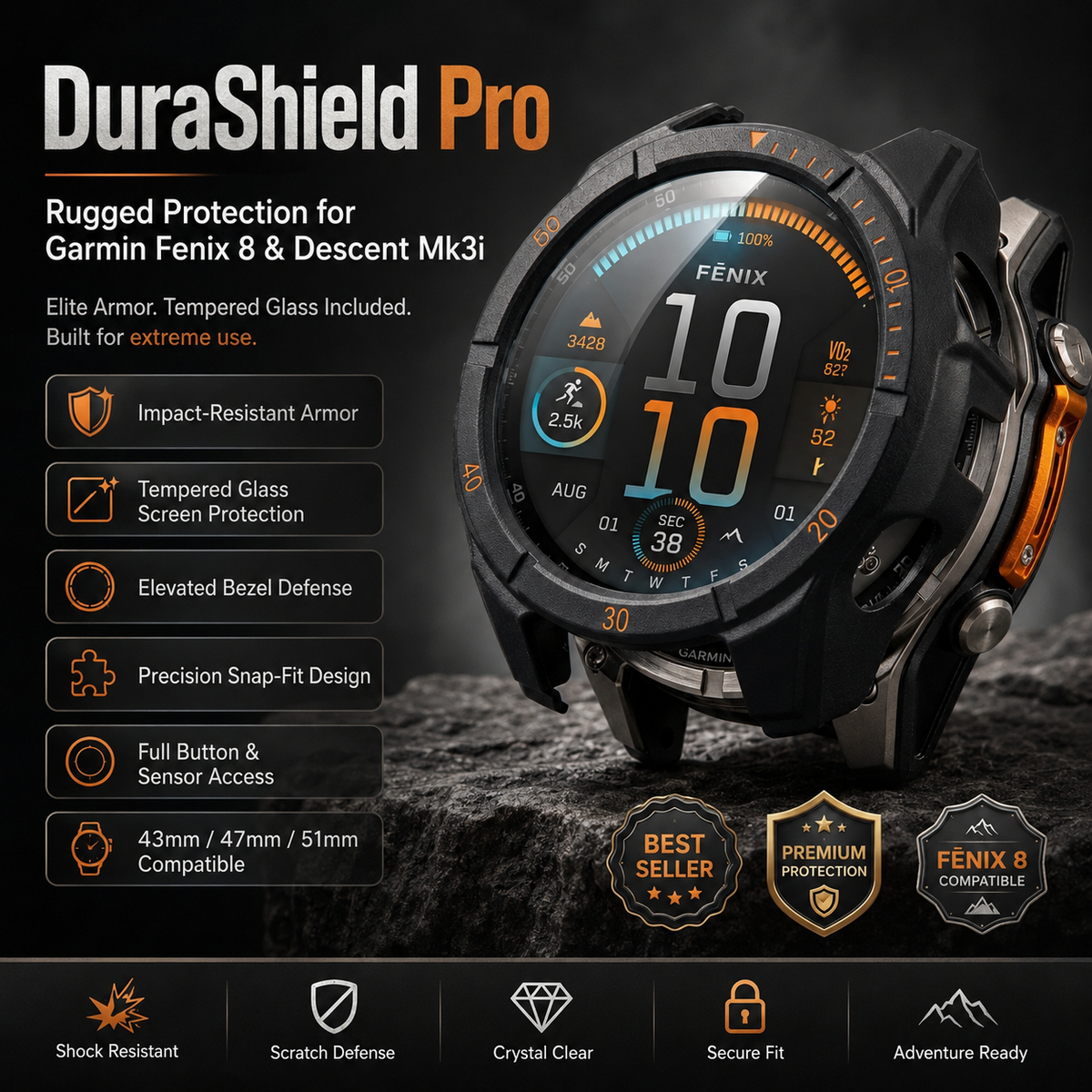 Protective Case & Screen Guard for Garmin Fenix 8 & Descent Mk3i Smartwatch | Thomler