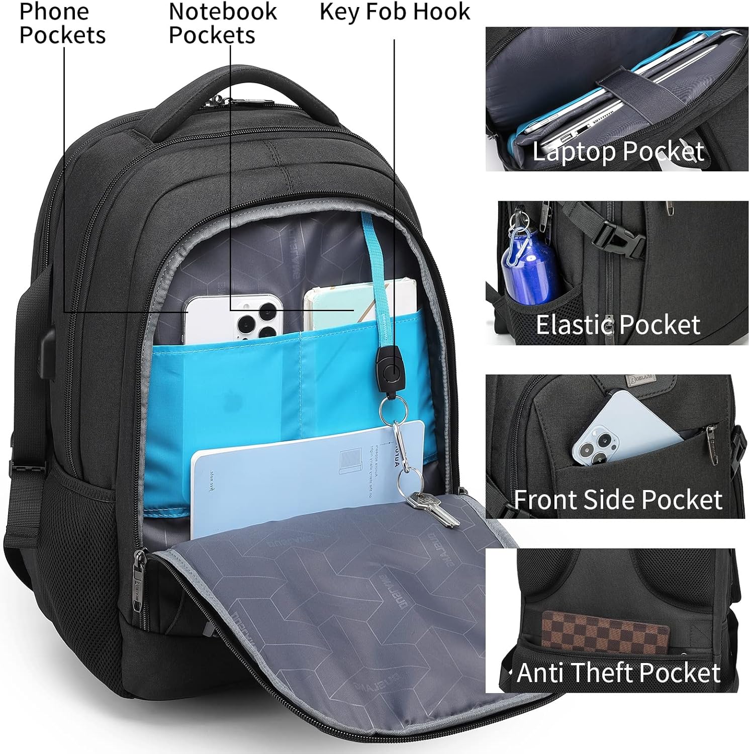 Travel Backpack with USB Charging Port for Laptops up to 17 Inches | Water-Resistant Daypack with Anti-Theft Pocket for Business Work School | Thomler