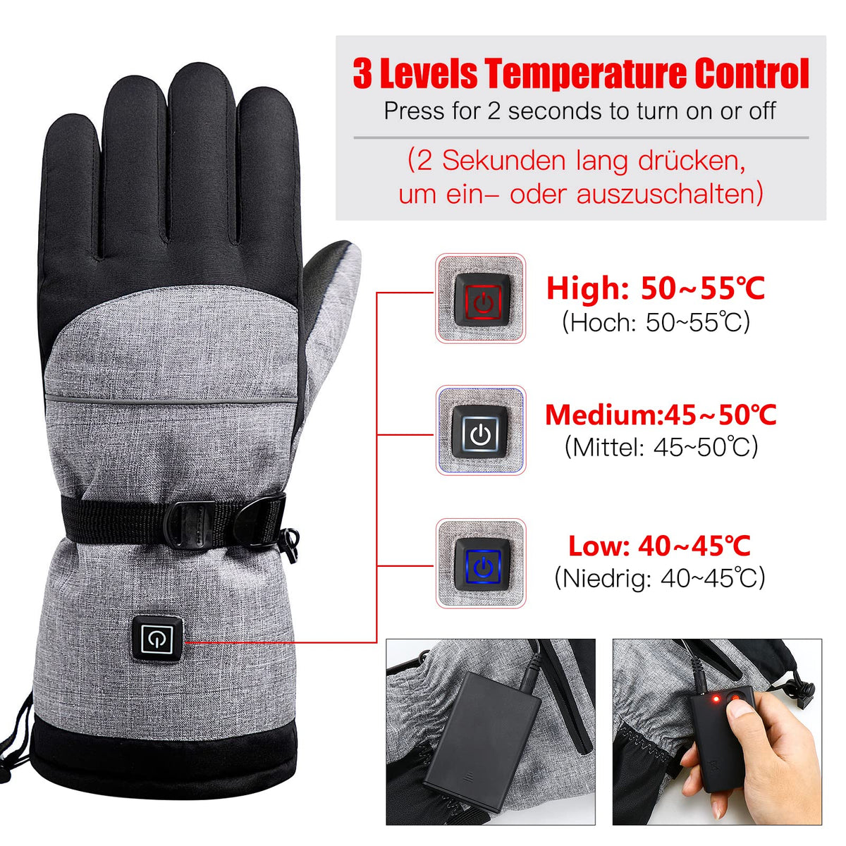 Battery-Powered Heated Winter Gloves with Touchscreen Fingers & 3 Temperature Settings for Skiing, Outdoor Work | Thomler