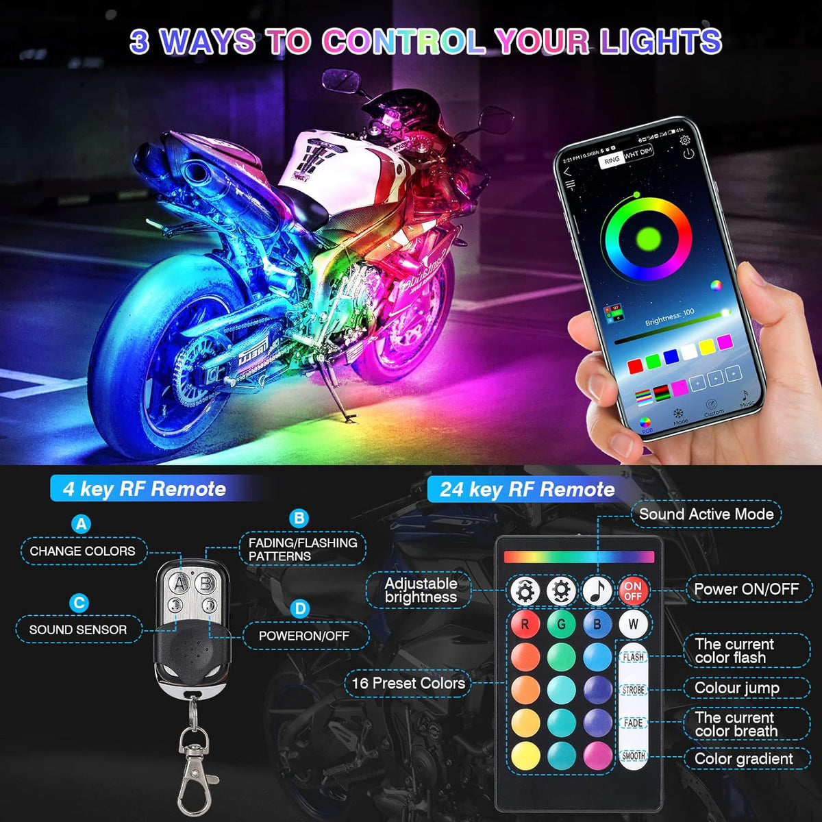 RGB LED Motorcycle Accent Light Strips with Integrated Safety Signals – 12-Piece Multi-Zone Kit | Thomler