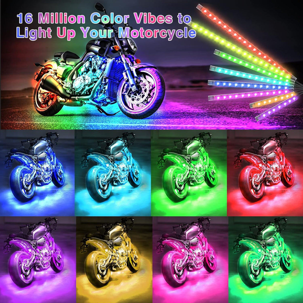 RGB LED Motorcycle Accent Light Strips with Integrated Safety Signals – 12-Piece Multi-Zone Kit | Thomler