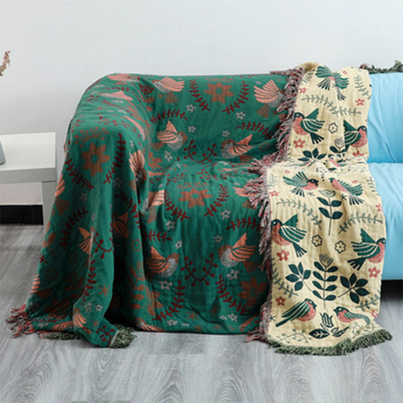 Reversible Cotton Throw Blanket with Woven Bird & Floral Pattern, Tasseled Edge for Couch, Sofa, Bed – Double-Sided Bohemian Home Accent | Thomler