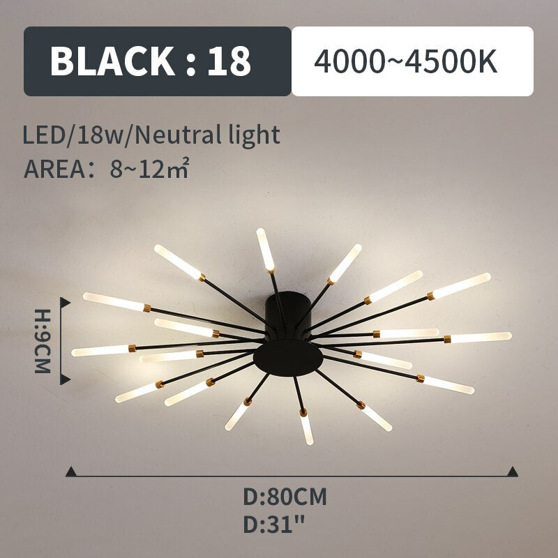 Starburst Flush Mount Ceiling Light Black Gold Modern Firework LED Fixture Bedroom Living Room Natural White Hardwired Indoor | Thomler