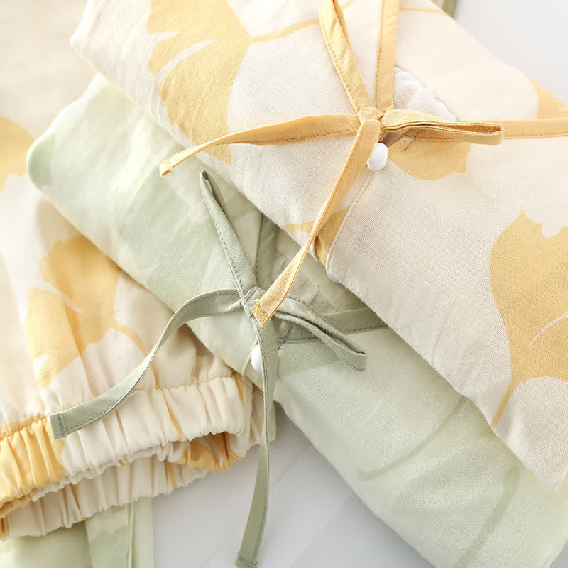 Women's Cotton Pajama Set with Ginkgo Leaf Print and Bow Tie Detail for Lounging at Home | Thomler