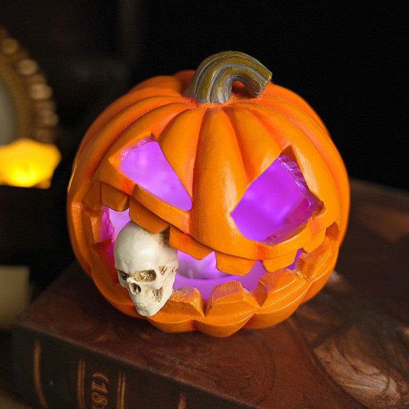 Resin Jack-o'-Lantern Figurine with Skull Insert for Halloween Tabletop Display – Freestanding Seasonal Ornament for Fireplace, Shelf & | Thomler