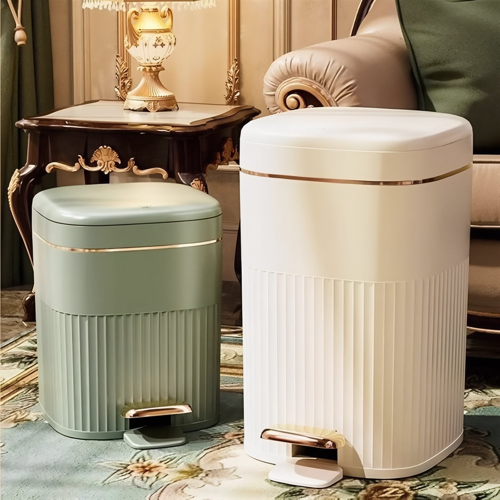 Pedal Bin Modern Ribbed Design Hands Free Bathroom Kitchen Waste Bin Soft Close Lid | Thomler