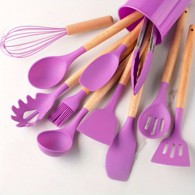 12-Piece Silicone Kitchen Utensil Set with Wooden Handles – Heat Resistant to 446°F, Dishwasher Safe, BPA-Free Cooking Tools | Thomler