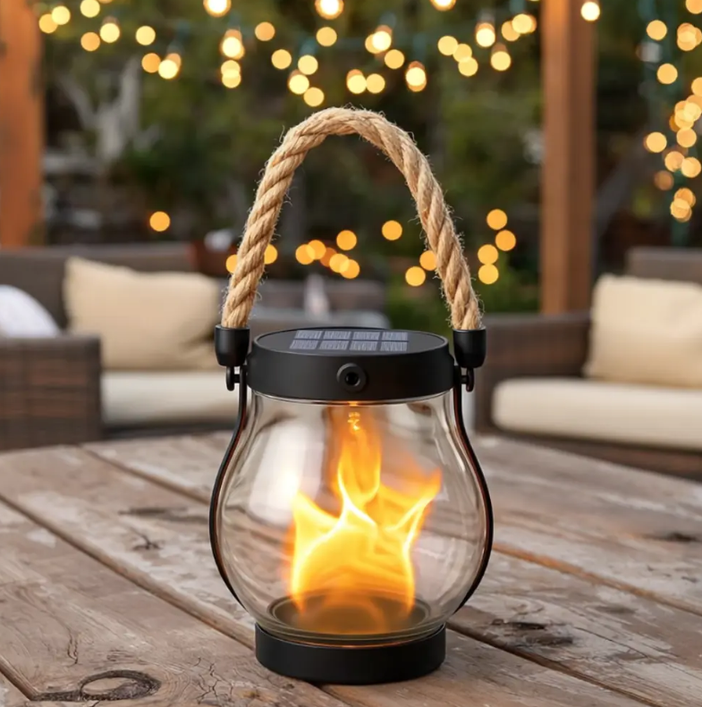 Rechargeable Portable Lantern with Hemp Handle for Patio, Camping & Indoor Ambience — Smart Auto-On Sensor, Type-C USB Charging, Compact 4.7 | Thomler