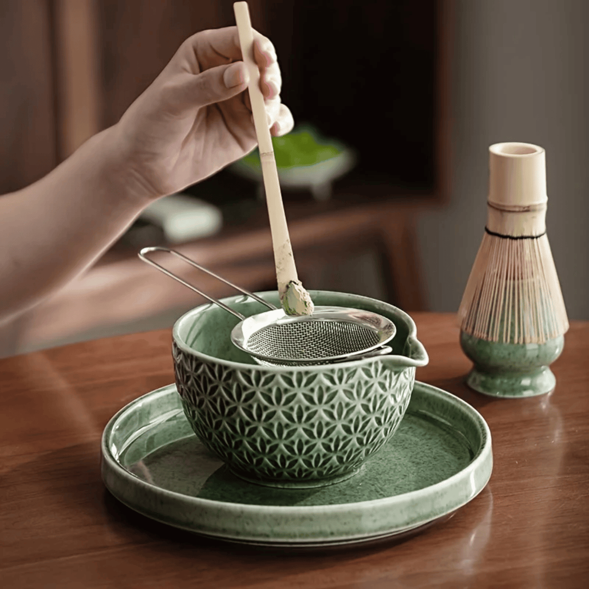 Handcrafted Ceramic Matcha Preparation Kit with Bamboo Whisk & Serving Tray for Traditional Tea Ceremony at Home, Office & Studio | Thomler