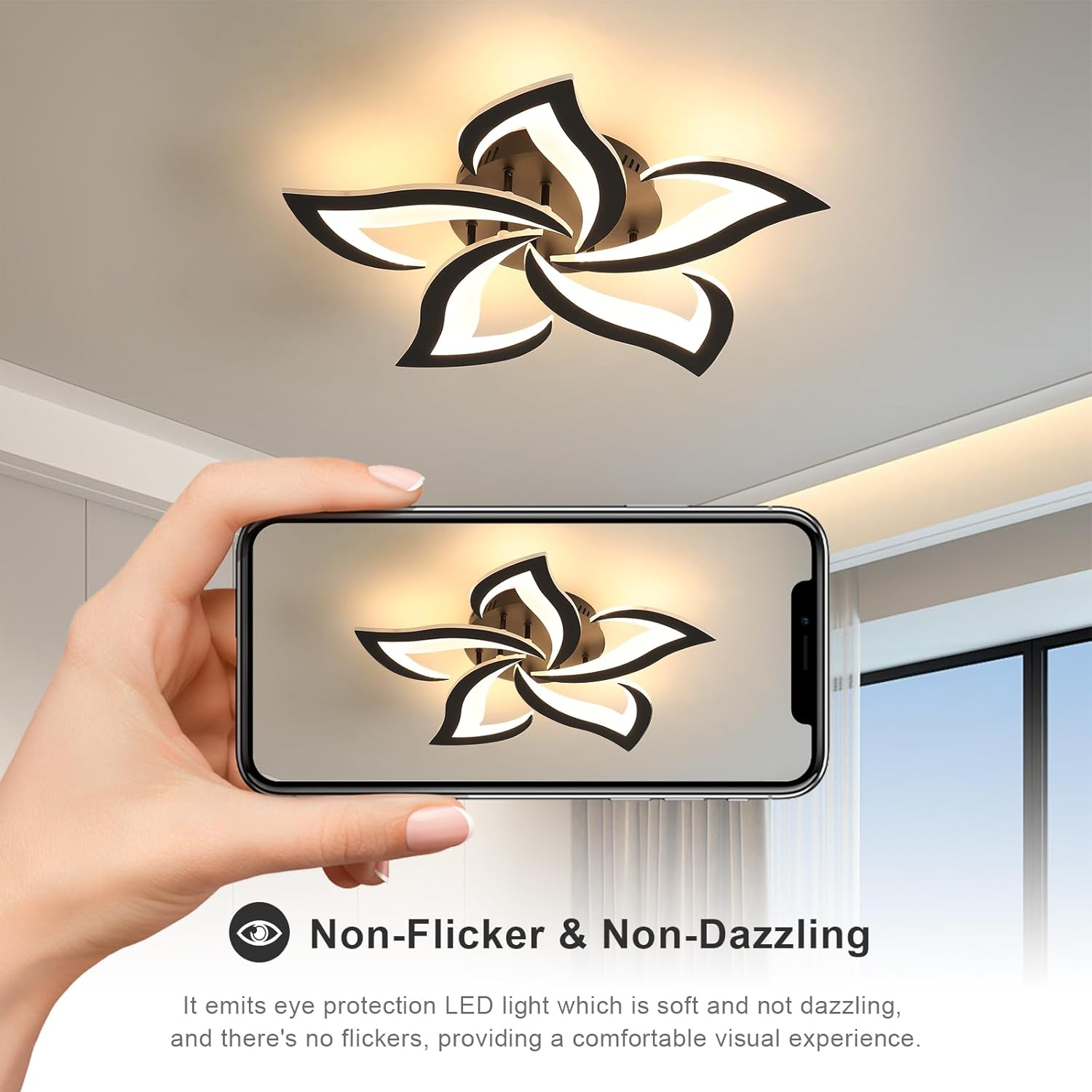Ceiling Lamp Metal Acrylic 55.0 cm Black LED Living Room Bedroom Flower Design Flush Mount Lighting | Thomler