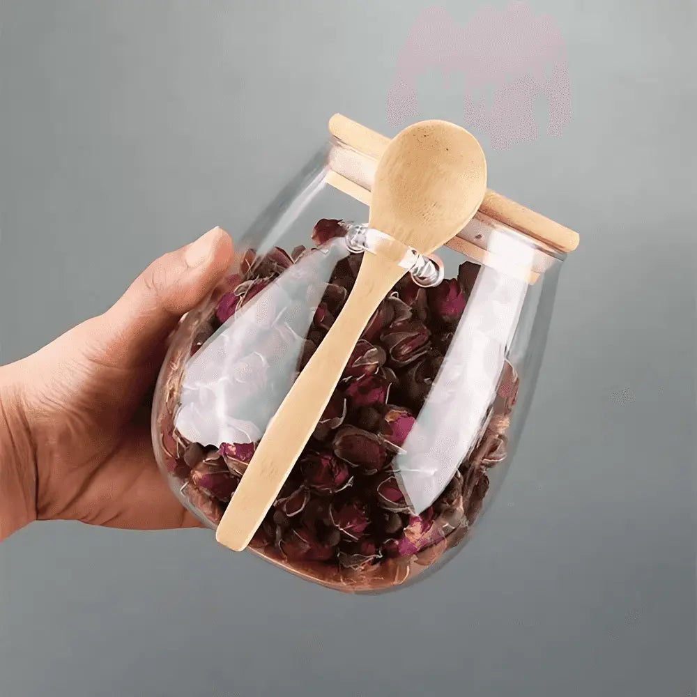 Storage Jar Glass Airtight Bamboo Lid Tea Coffee Kitchen Organiser Dry Food Canister With Spoon | Thomler