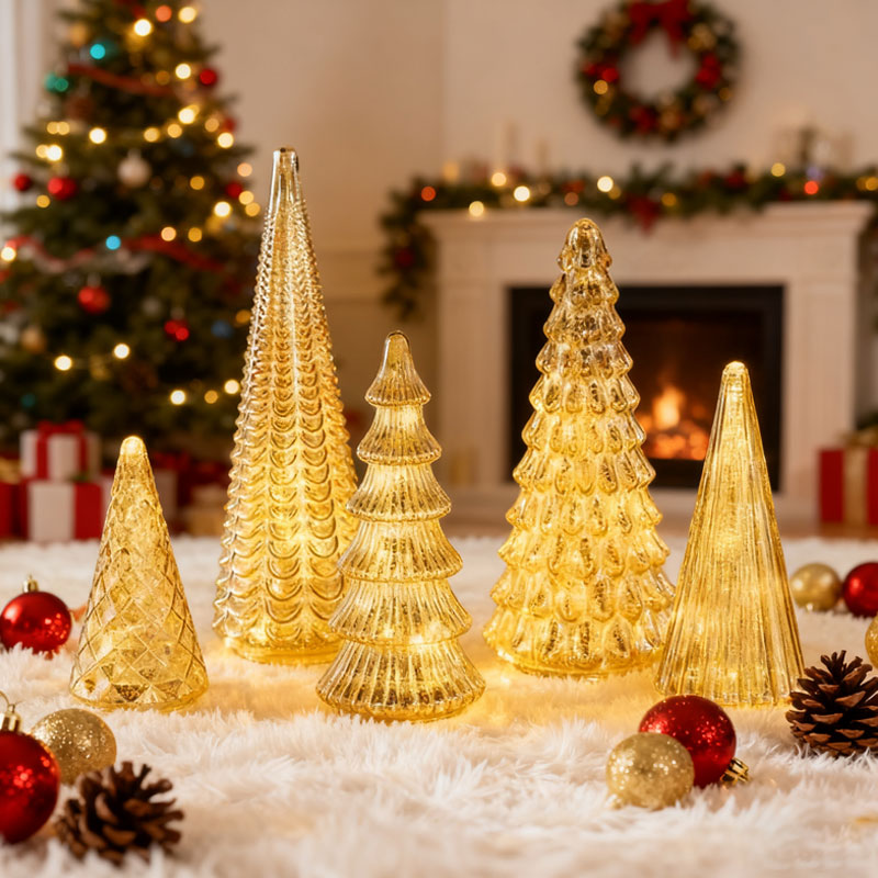 LED Crystal Christmas Tree Set of 5 with Timer – Battery Operated Tabletop Holiday Décor for Living Room, Mantel & Windowsill | Thomler