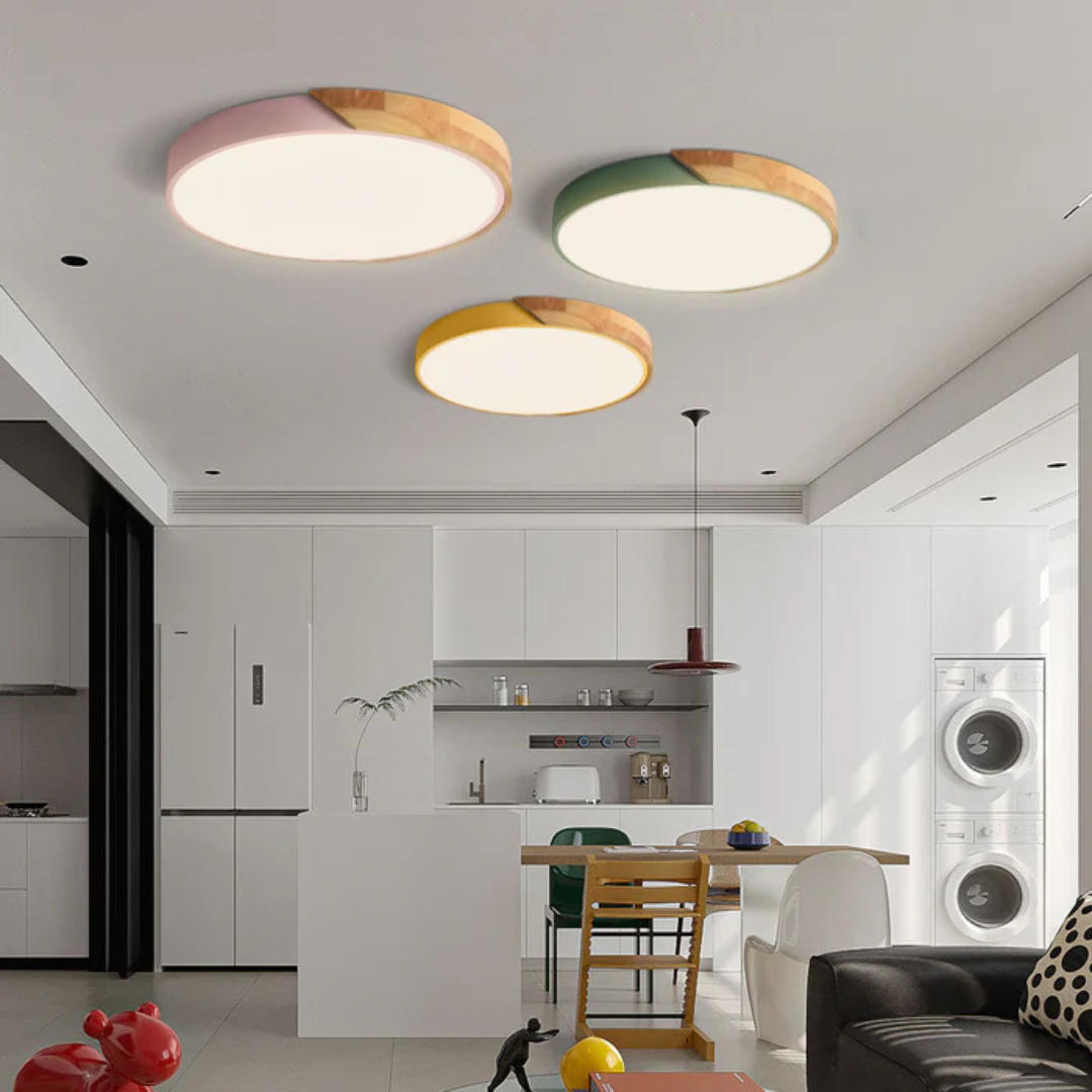 Round Wood Ceiling Light Fixture | Modern Scandinavian LED Flush Mount for Bedroom Living Room Kitchen | Thomler