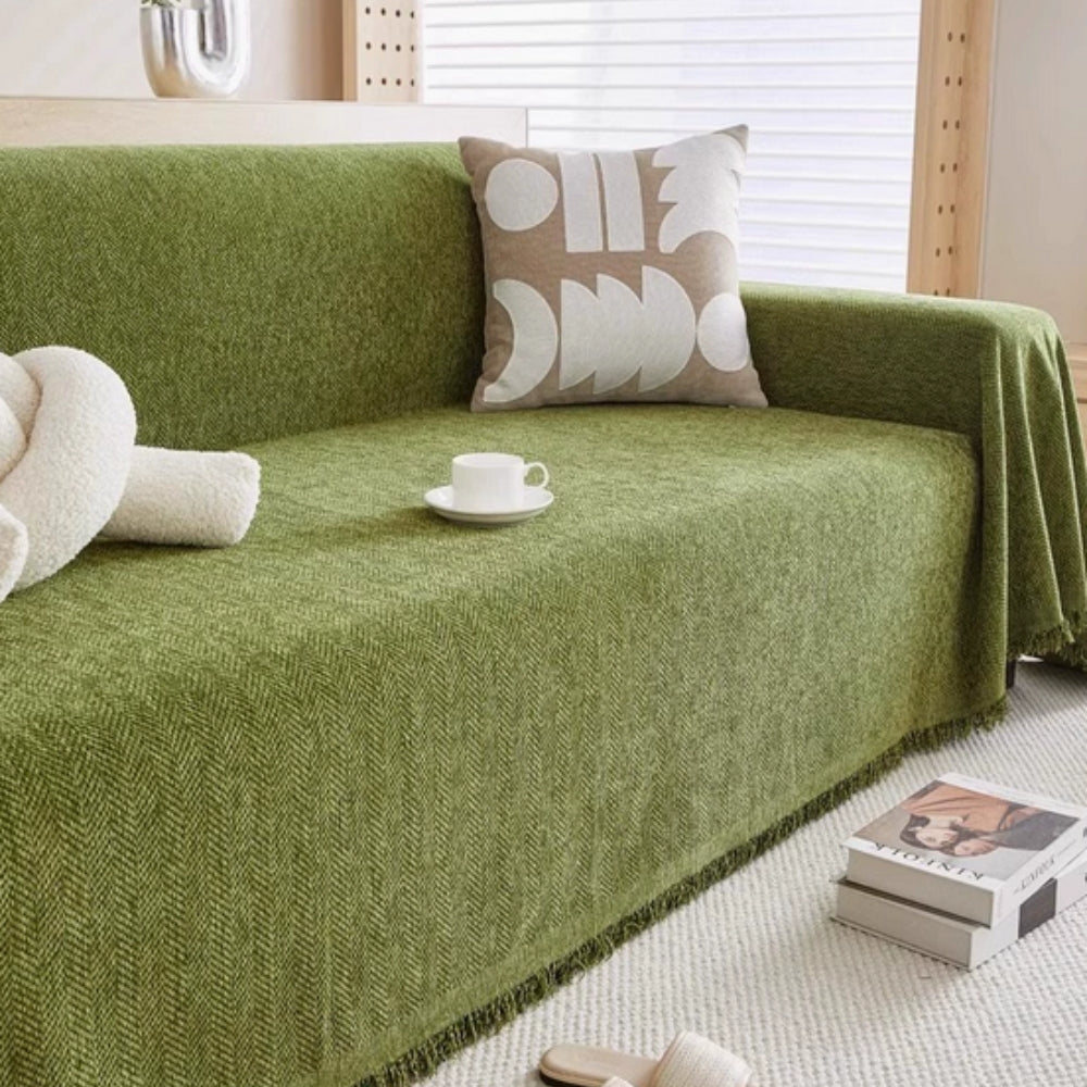 Chenille Sofa Throw with Tassels – Water-Resistant Pet-Friendly Furniture Protector for Couch, Loveseat & Chair | Thomler