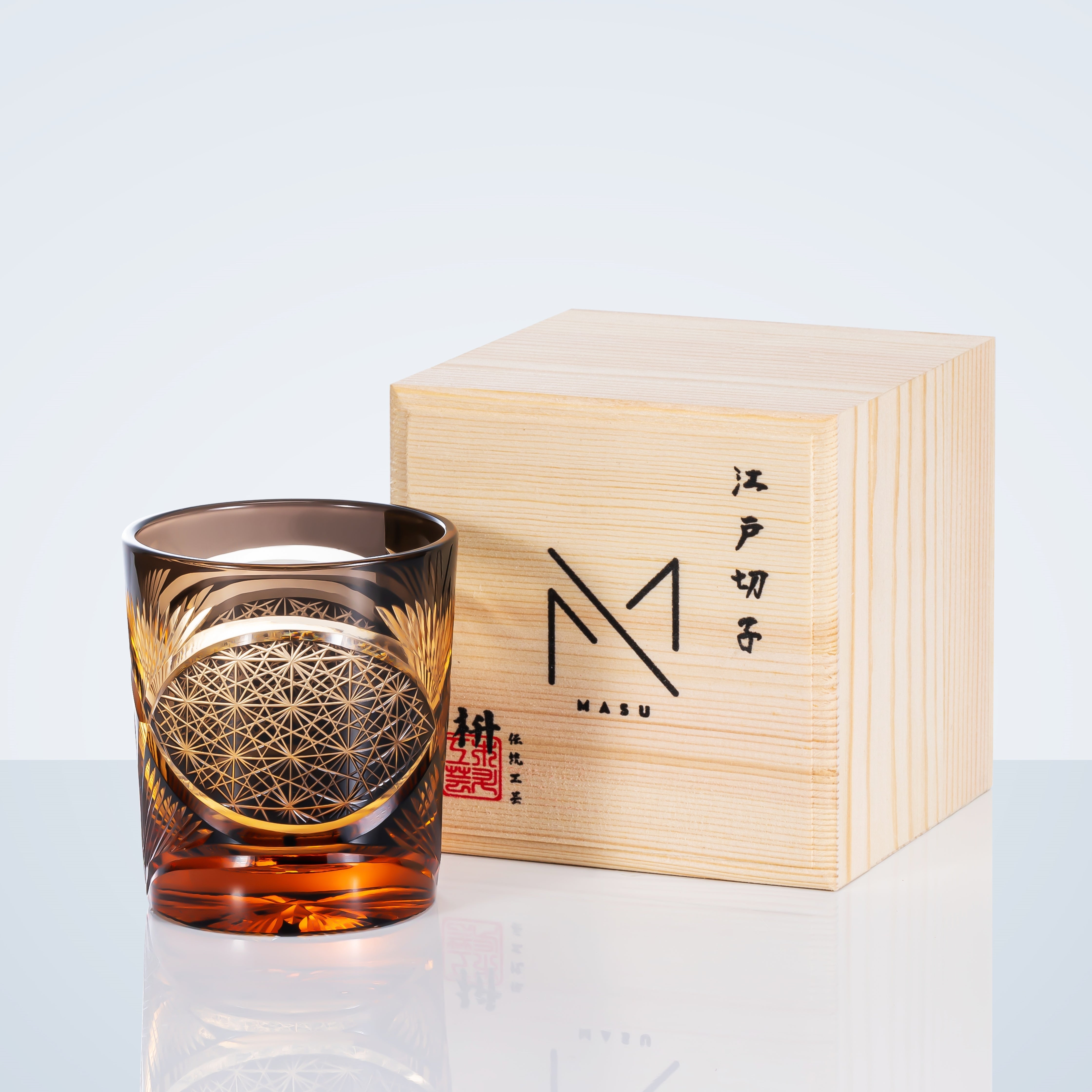 Whiskey Glass Crystal Amber Crane Feather Pattern Japanese Style Barware Gift Box | Thomler