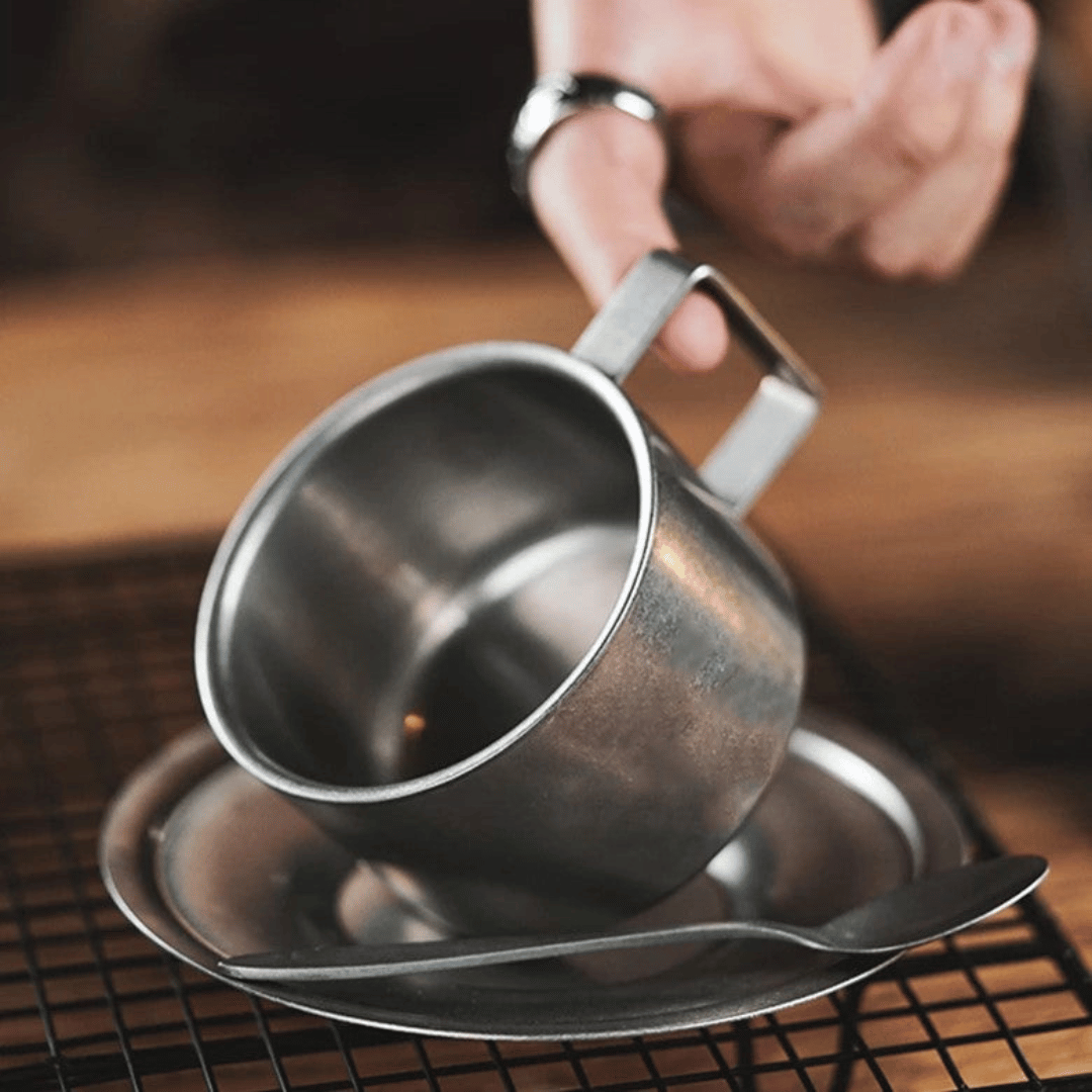 Stainless Steel Double-Wall Coffee Mug with Saucer & Spoon – Insulated Metal Espresso Cup for Hot Drinks, Kitchen Drinkware Set | Thomler