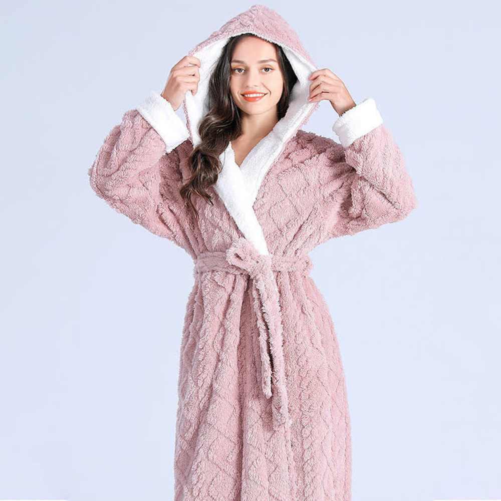 Women's Hooded Fleece Bath Robe with Pockets Long Soft Loungewear for Home & Spa Gray Pink Purple Green Winter Wrap | Thomler